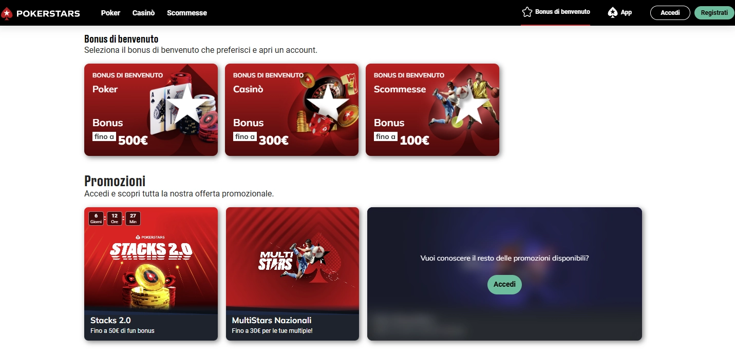 Bonus e promozioni Pokerstars Casino